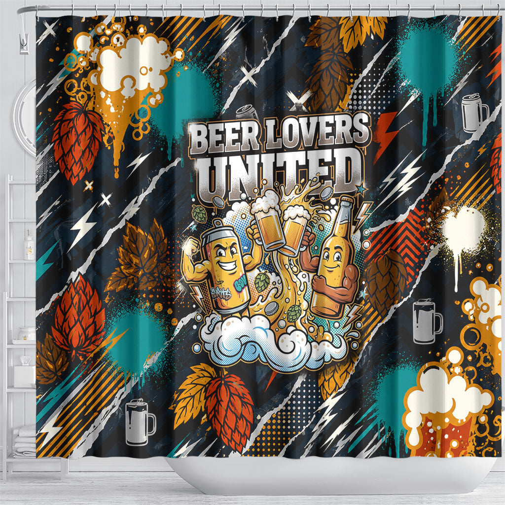 Beer Lovers United Brew Mode On Shower Curtain Retro Comic Beer Characters Clinking Glasses