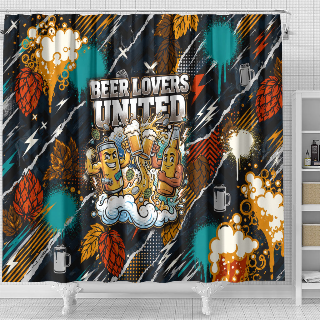 Beer Lovers United Brew Mode On Shower Curtain Retro Comic Beer Characters Clinking Glasses