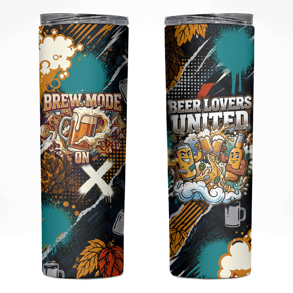 Beer Lovers United Brew Mode On Skinny Tumbler Retro Comic Beer Characters Clinking Glasses