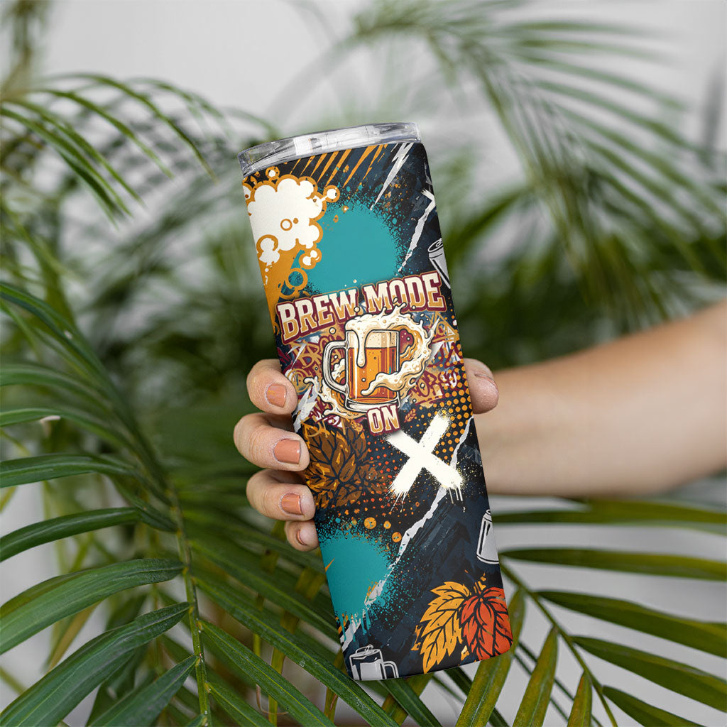 Beer Lovers United Brew Mode On Skinny Tumbler Retro Comic Beer Characters Clinking Glasses