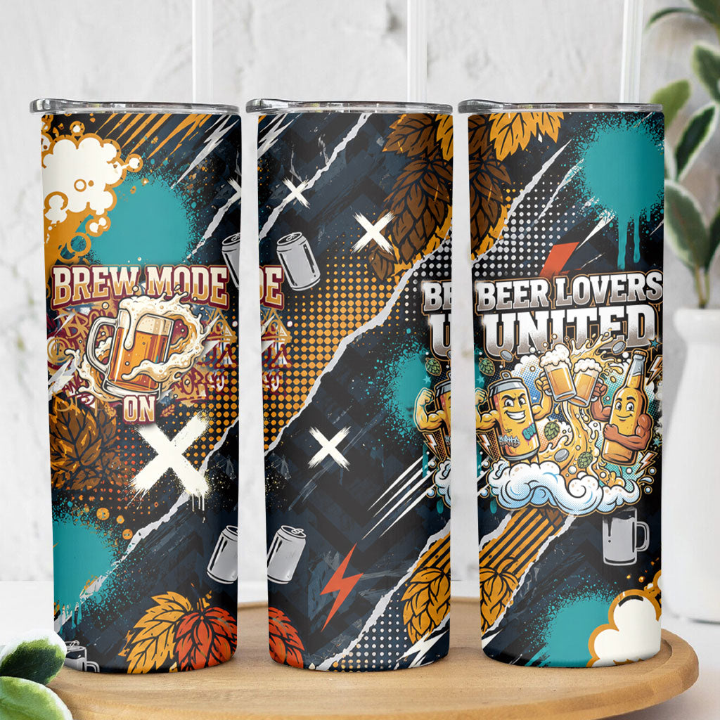 Beer Lovers United Brew Mode On Skinny Tumbler Retro Comic Beer Characters Clinking Glasses