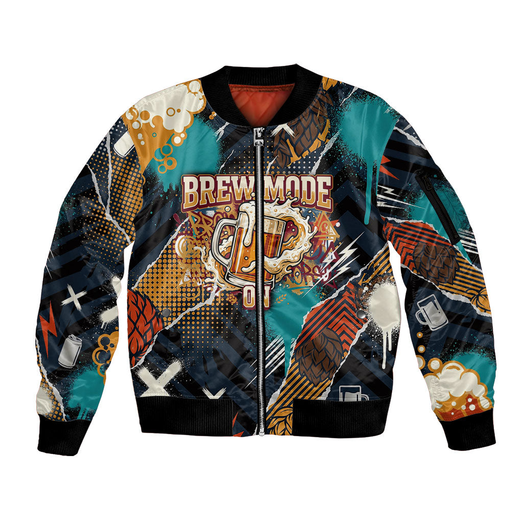 Beer Lovers United Brew Mode On Sleeve Zip Bomber Jacket Retro Comic Beer Characters Clinking Glasses
