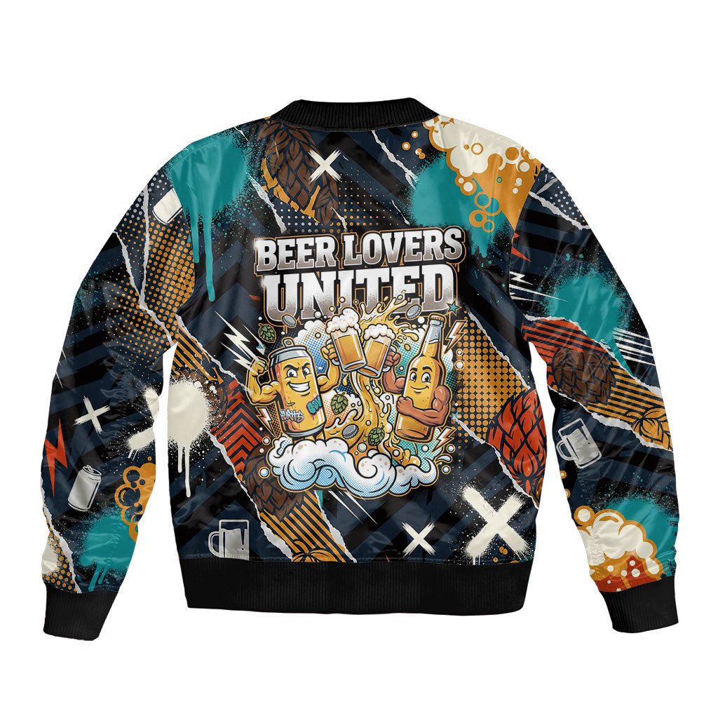 Beer Lovers United Brew Mode On Sleeve Zip Bomber Jacket Retro Comic Beer Characters Clinking Glasses