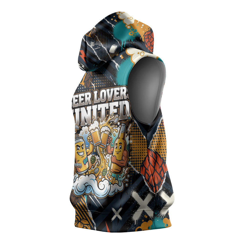 Beer Lovers United Brew Mode On Sleeveless Hoodie Retro Comic Beer Characters Clinking Glasses