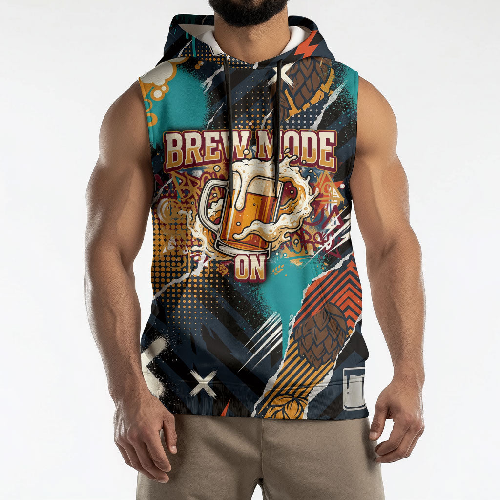 Beer Lovers United Brew Mode On Sleeveless Hoodie Retro Comic Beer Characters Clinking Glasses