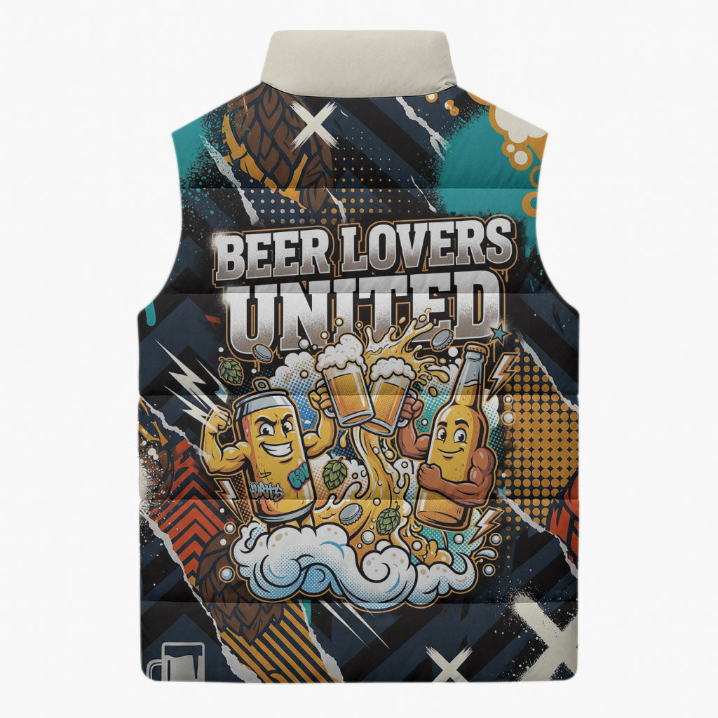 Beer Lovers United Brew Mode On Sleeveless Puffer Jacket Retro Comic Beer Characters Clinking Glasses