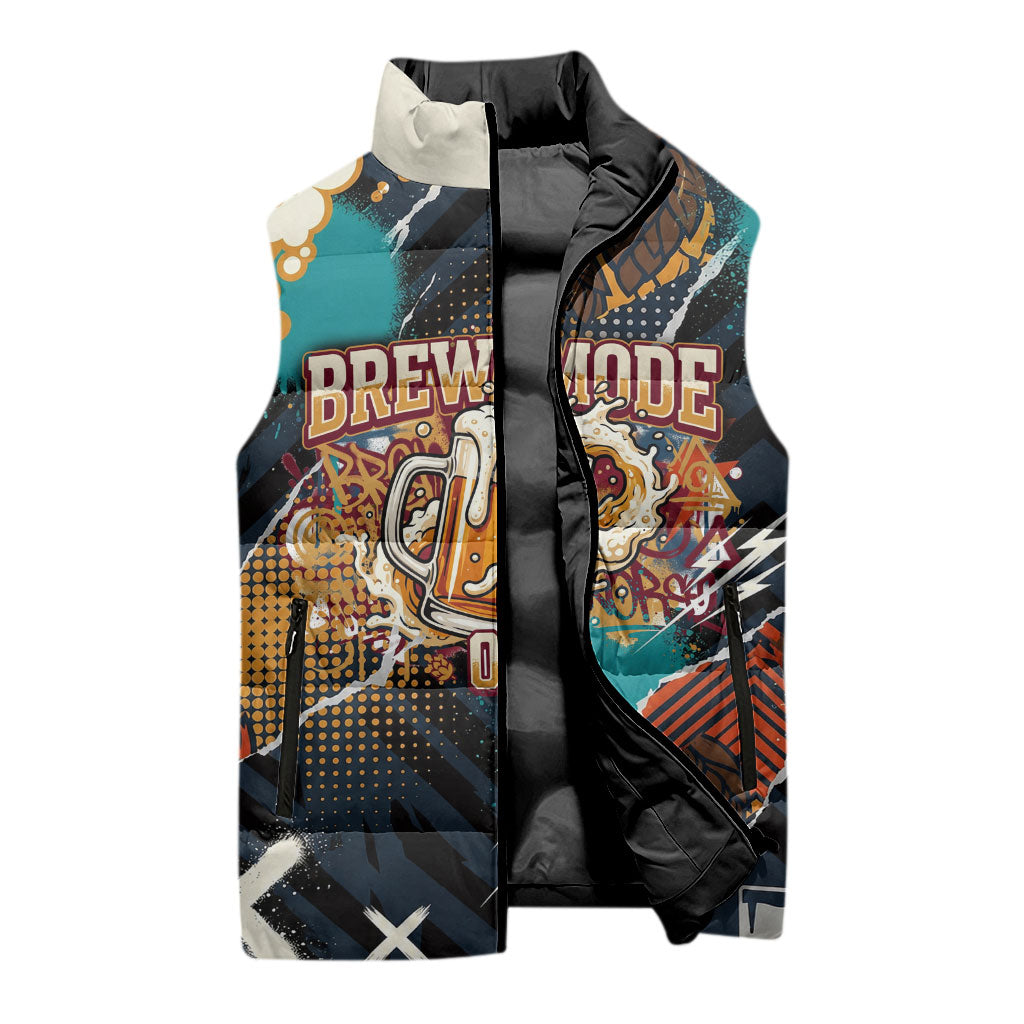 Beer Lovers United Brew Mode On Sleeveless Puffer Jacket Retro Comic Beer Characters Clinking Glasses