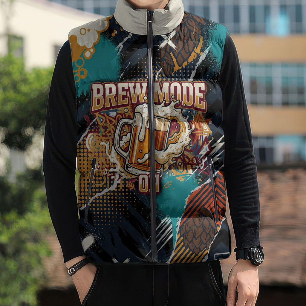 Beer Lovers United Brew Mode On Sleeveless Puffer Jacket Retro Comic Beer Characters Clinking Glasses