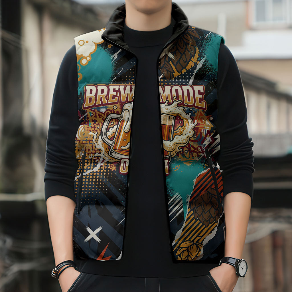 Beer Lovers United Brew Mode On Sleeveless Puffer Jacket Retro Comic Beer Characters Clinking Glasses