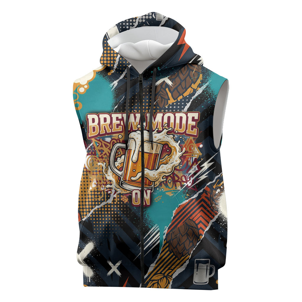 Beer Lovers United Brew Mode On Sleeveless Zip Hoodie Retro Comic Beer Characters Clinking Glasses
