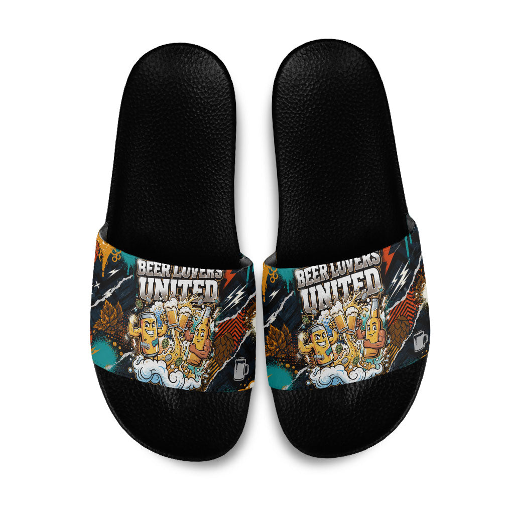 Beer Lovers United Brew Mode On Slide Sandals Retro Comic Beer Characters Clinking Glasses
