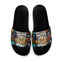 Beer Lovers United Brew Mode On Slide Sandals Retro Comic Beer Characters Clinking Glasses