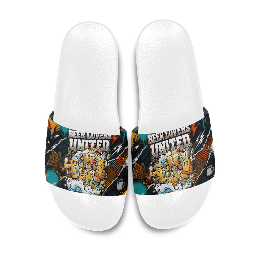 Beer Lovers United Brew Mode On Slide Sandals Retro Comic Beer Characters Clinking Glasses