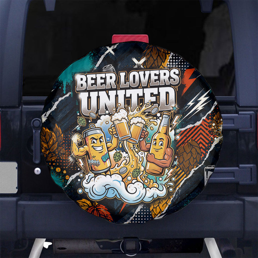 Beer Lovers United Brew Mode On Spare Tire Cover Retro Comic Beer Characters Clinking Glasses