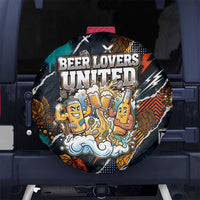 Beer Lovers United Brew Mode On Spare Tire Cover Retro Comic Beer Characters Clinking Glasses