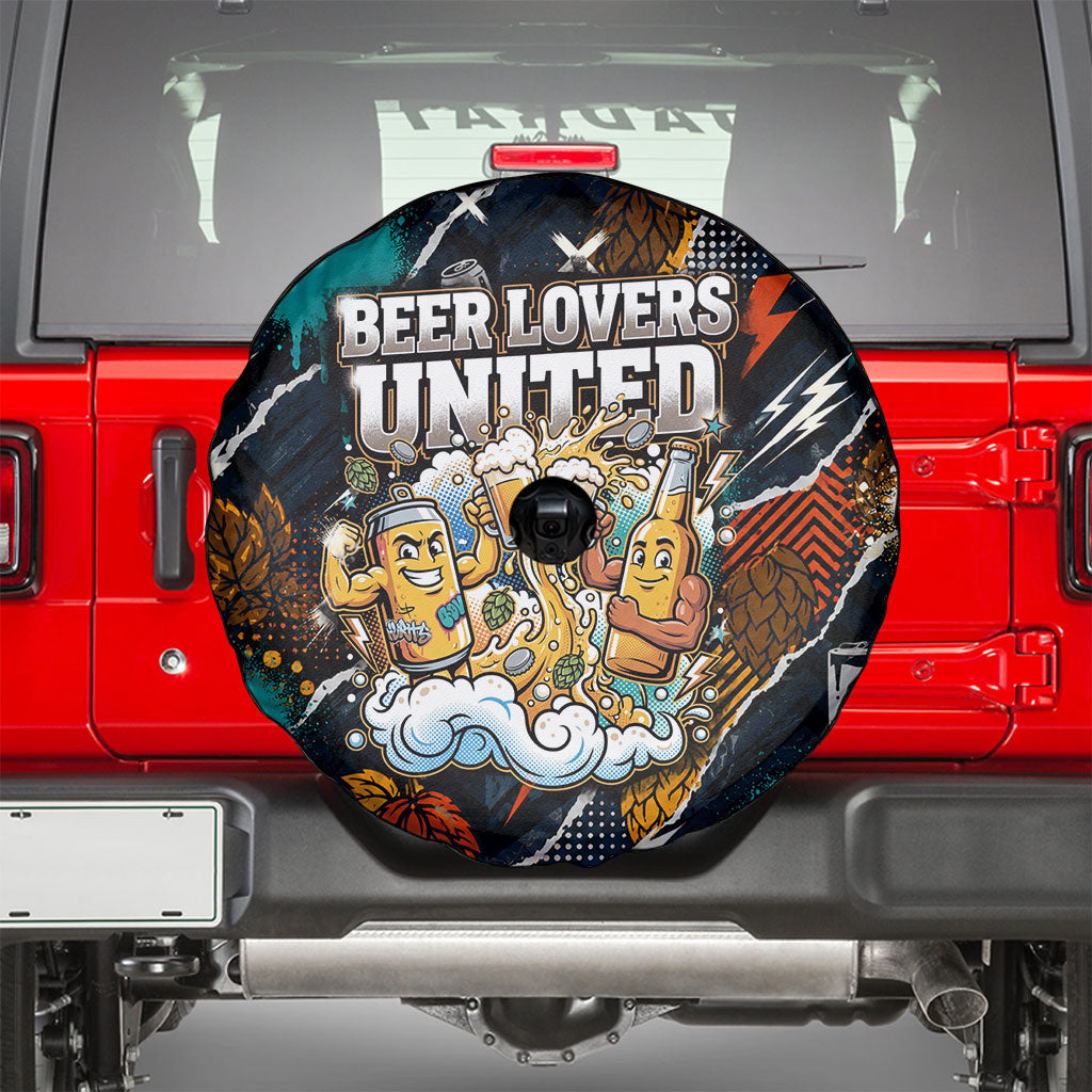Beer Lovers United Brew Mode On Spare Tire Cover Retro Comic Beer Characters Clinking Glasses