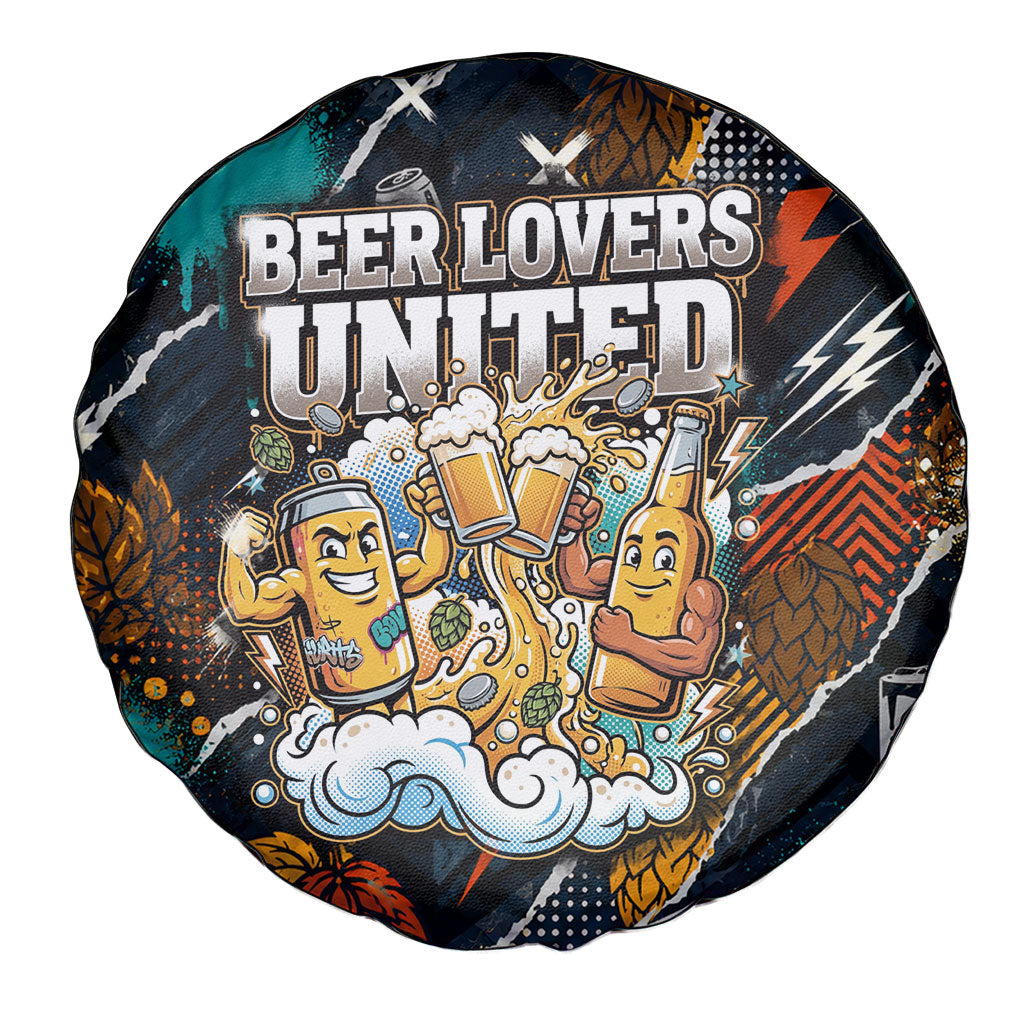 Beer Lovers United Brew Mode On Spare Tire Cover Retro Comic Beer Characters Clinking Glasses