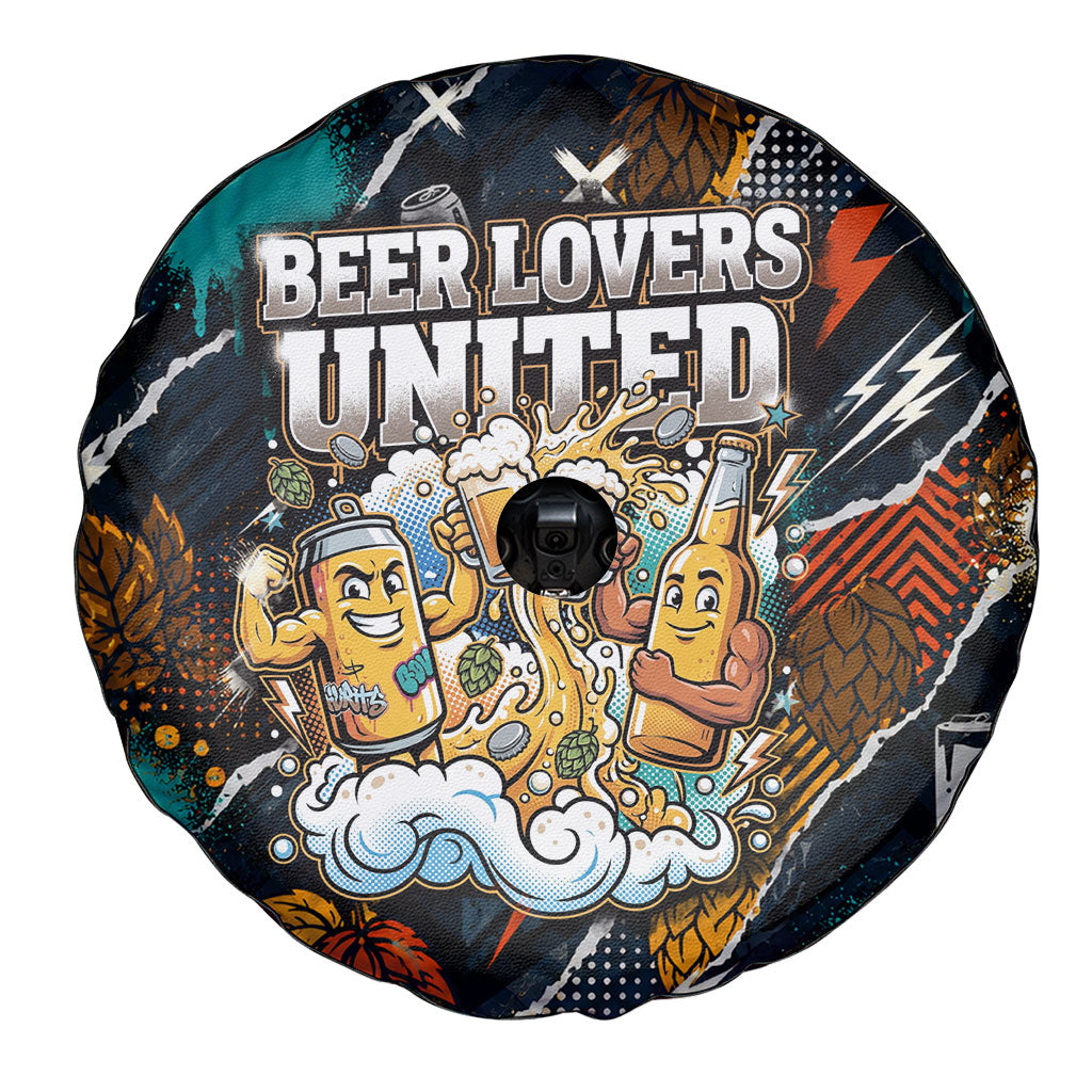 Beer Lovers United Brew Mode On Spare Tire Cover Retro Comic Beer Characters Clinking Glasses