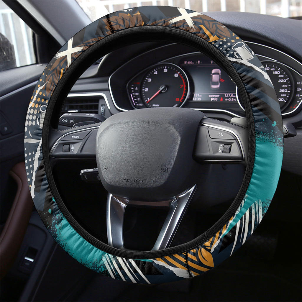 Beer Lovers United Brew Mode On Steering Wheel Cover Retro Comic Beer Characters Clinking Glasses