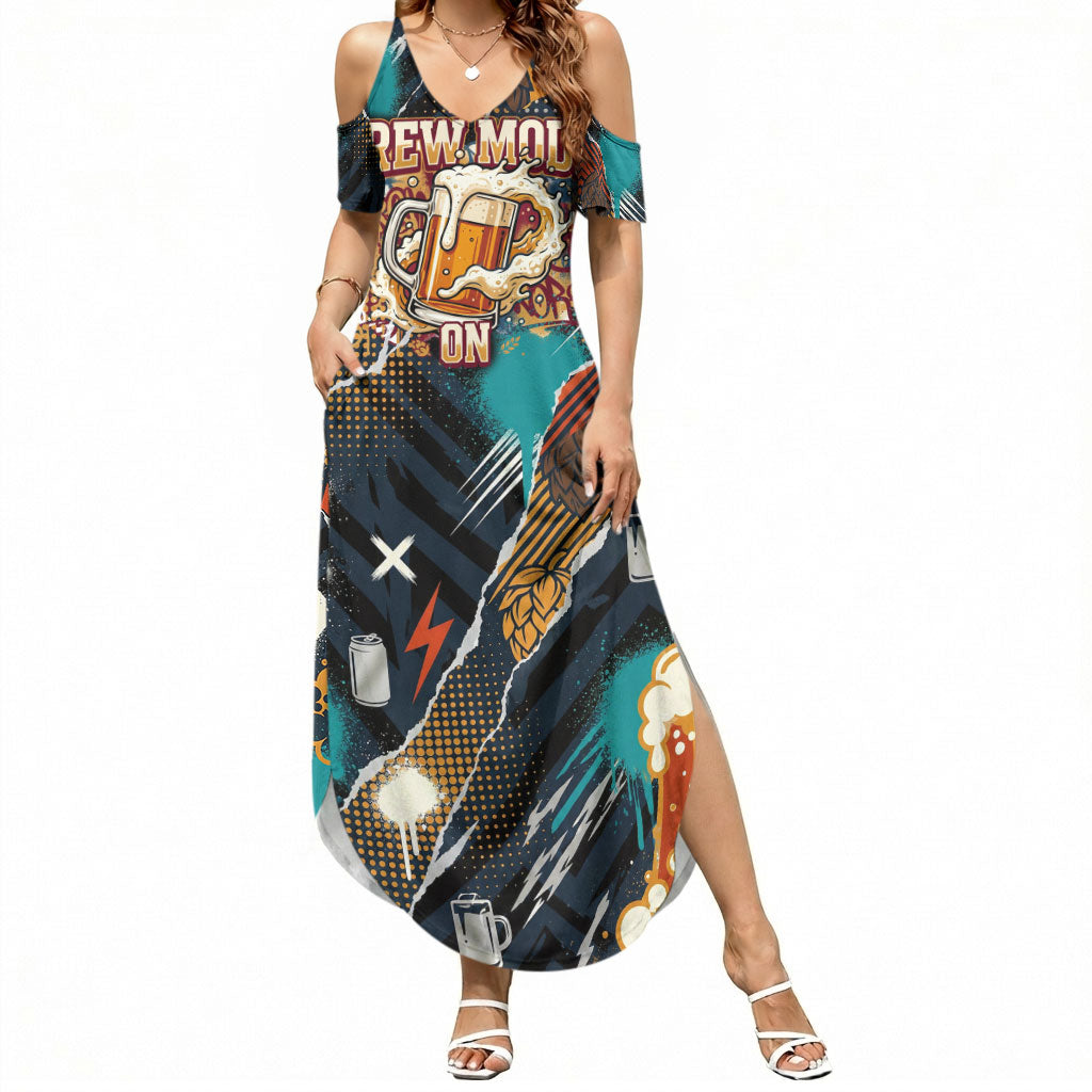 Beer Lovers United Brew Mode On Summer Maxi Dress Retro Comic Beer Characters Clinking Glasses