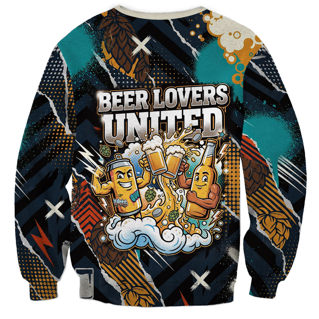 Beer Lovers United Brew Mode On Sweatshirt Retro Comic Beer Characters Clinking Glasses