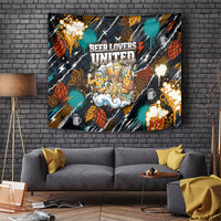 Beer Lovers United Brew Mode On Tapestry Retro Comic Beer Characters Clinking Glasses