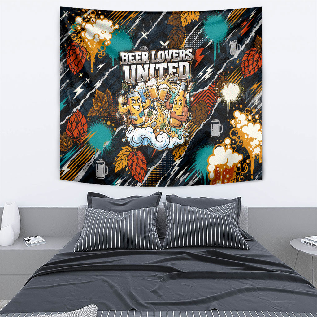 Beer Lovers United Brew Mode On Tapestry Retro Comic Beer Characters Clinking Glasses