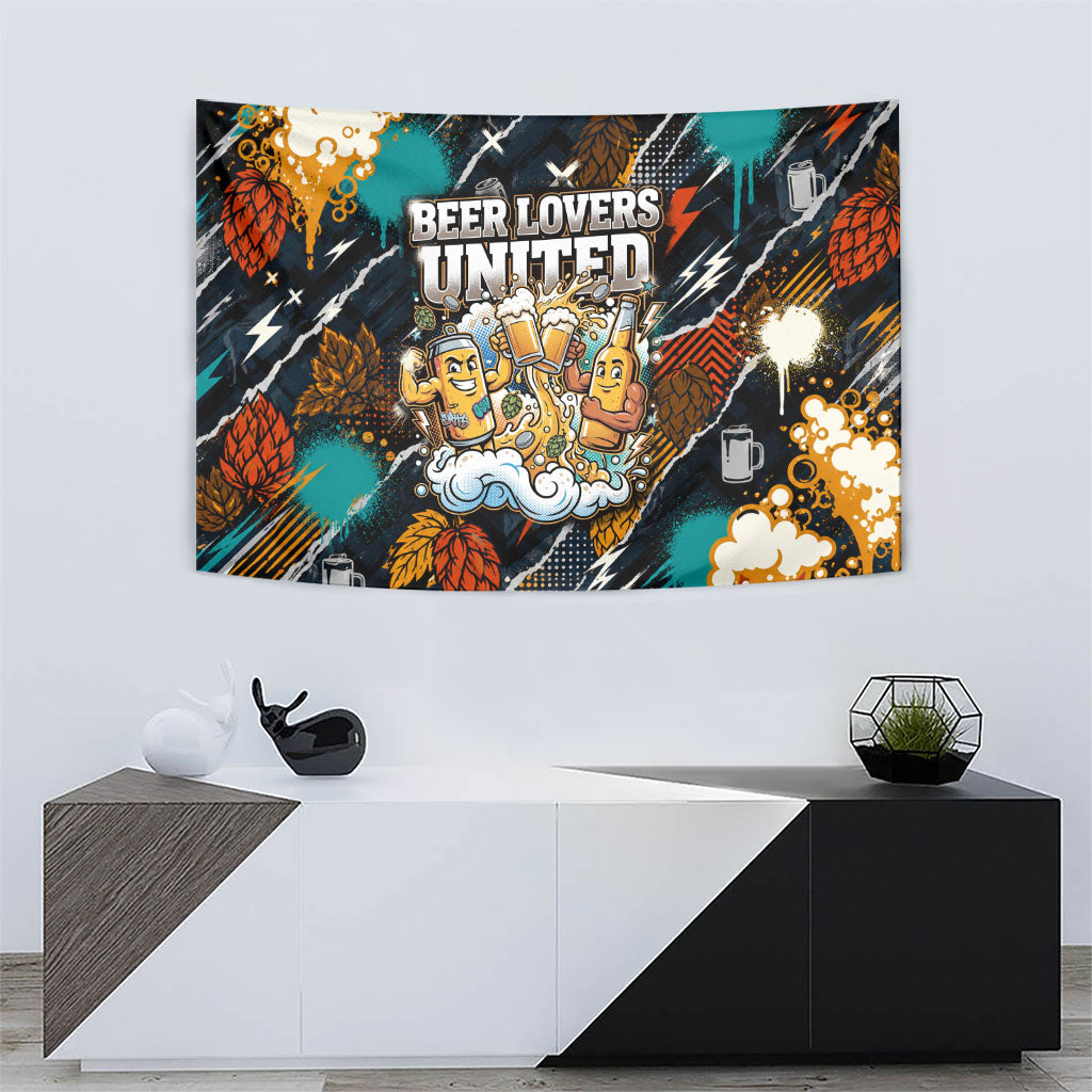 Beer Lovers United Brew Mode On Tapestry Retro Comic Beer Characters Clinking Glasses