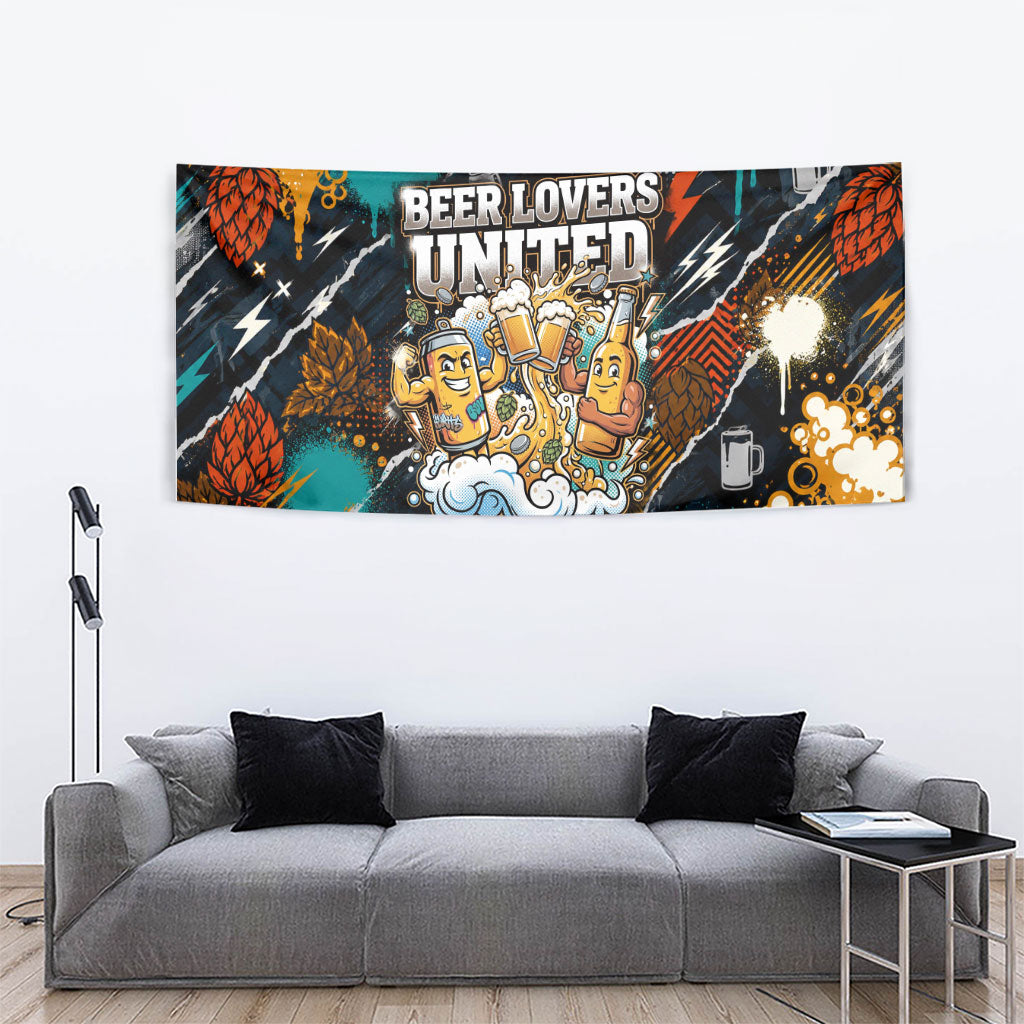 Beer Lovers United Brew Mode On Tapestry Retro Comic Beer Characters Clinking Glasses