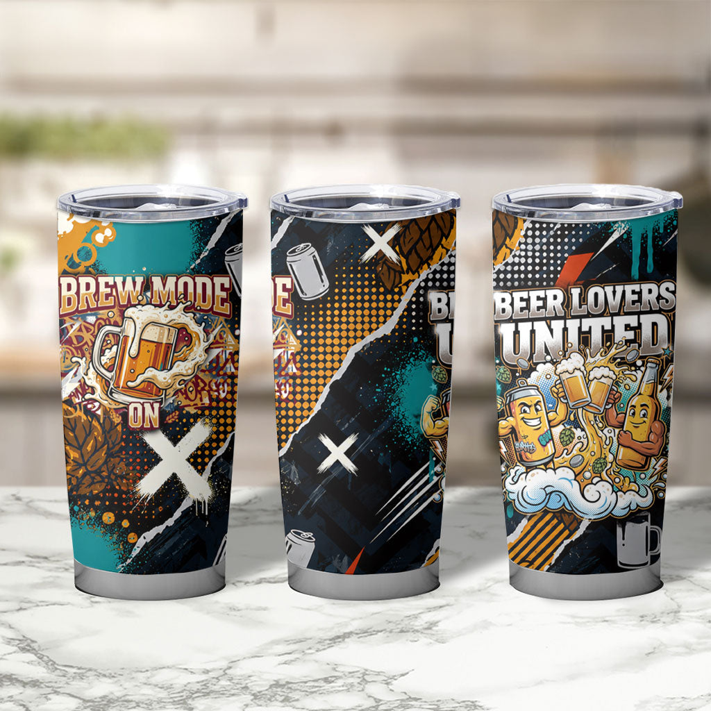 Beer Lovers United Brew Mode On Tumbler Cup Retro Comic Beer Characters Clinking Glasses