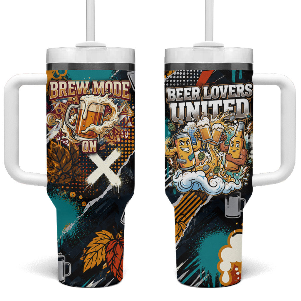 Beer Lovers United Brew Mode On Tumbler With Handle Retro Comic Beer Characters Clinking Glasses