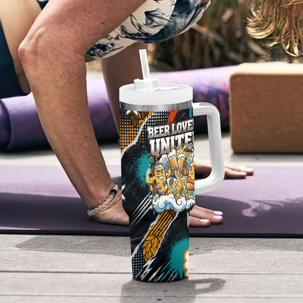 Beer Lovers United Brew Mode On Tumbler With Handle Retro Comic Beer Characters Clinking Glasses