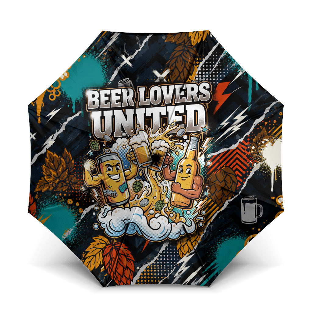 Beer Lovers United Brew Mode On Umbrella Retro Comic Beer Characters Clinking Glasses