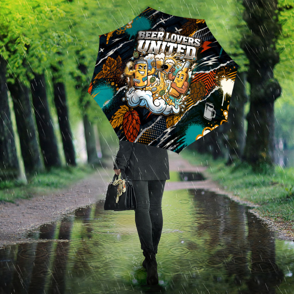 Beer Lovers United Brew Mode On Umbrella Retro Comic Beer Characters Clinking Glasses