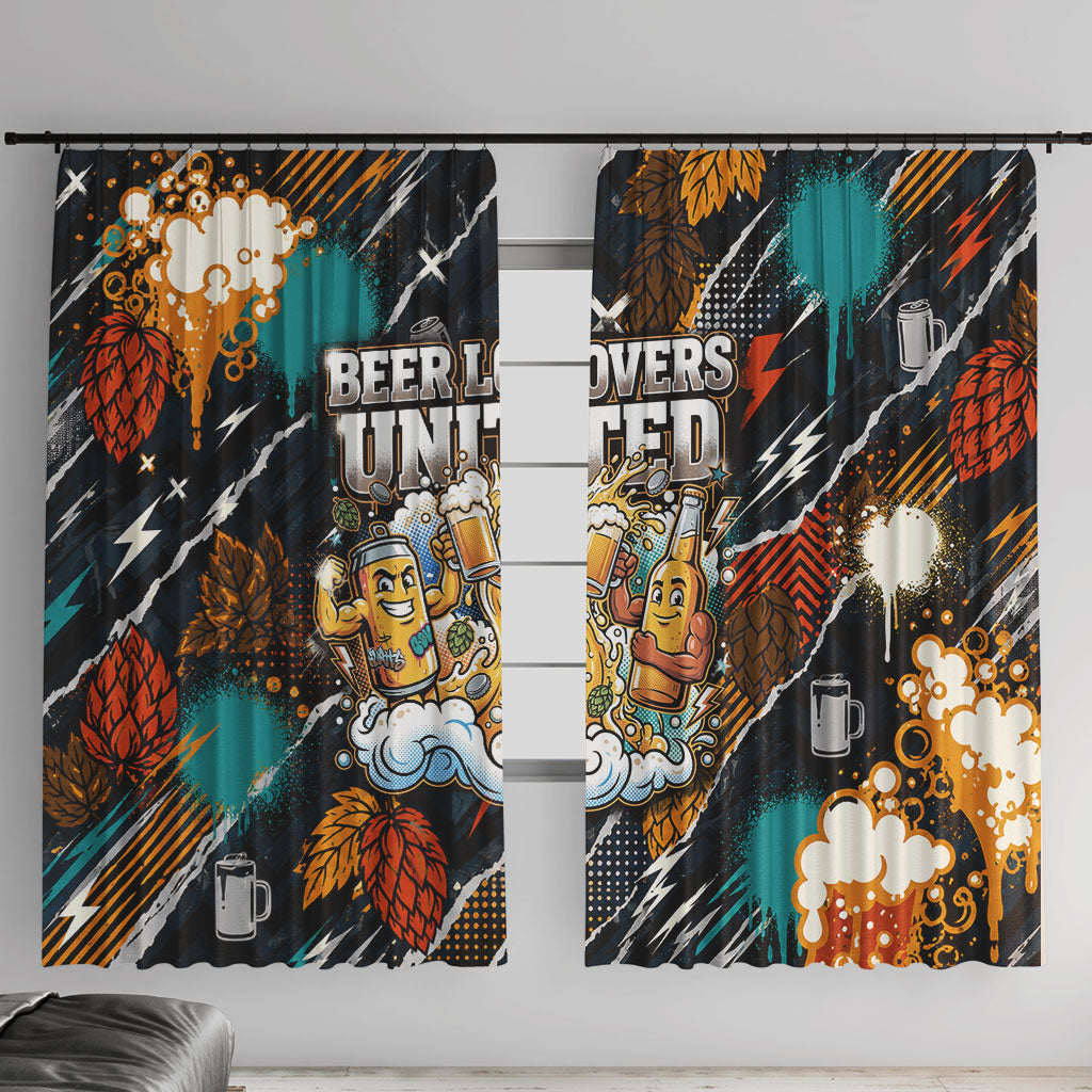 Beer Lovers United Brew Mode On Window Curtain Retro Comic Beer Characters Clinking Glasses