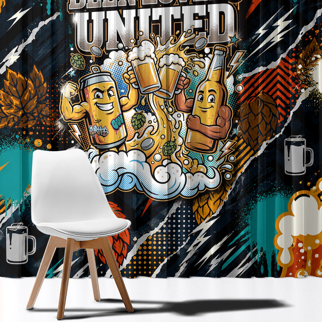 Beer Lovers United Brew Mode On Window Curtain Retro Comic Beer Characters Clinking Glasses