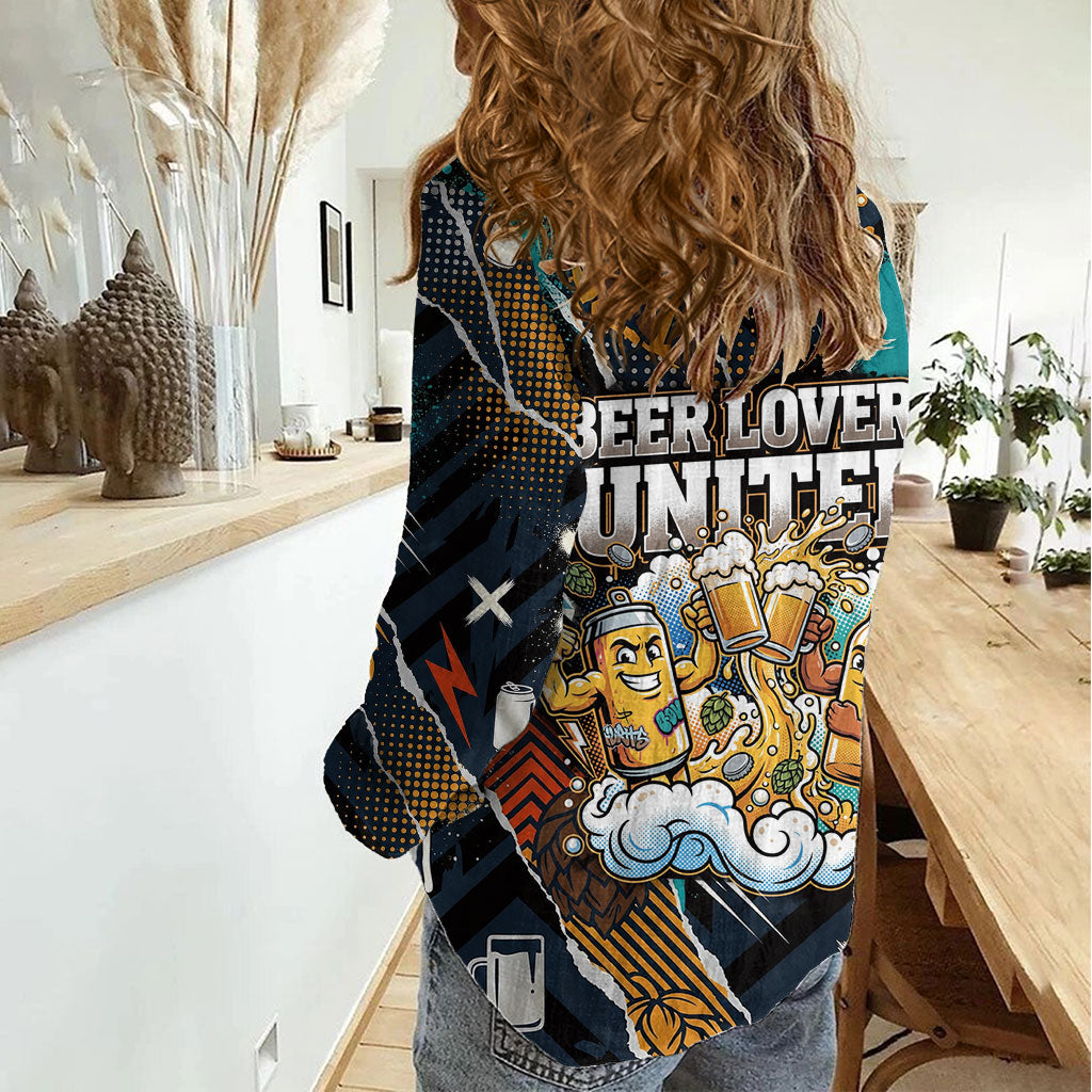 Beer Lovers United Brew Mode On Women Casual Shirt Retro Comic Beer Characters Clinking Glasses