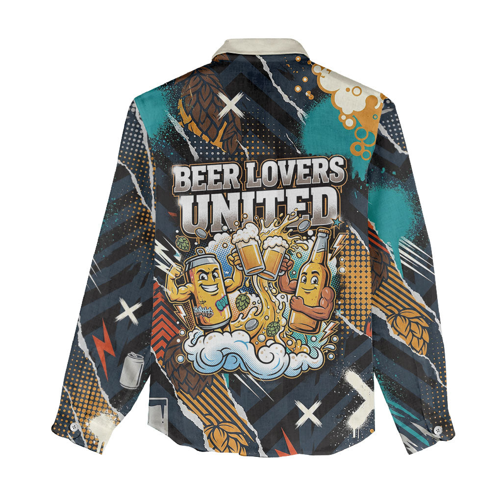 Beer Lovers United Brew Mode On Women Casual Shirt Retro Comic Beer Characters Clinking Glasses