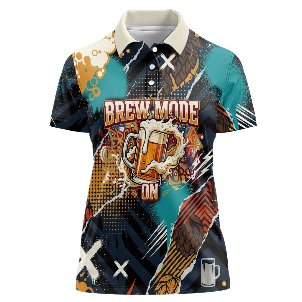 Beer Lovers United Brew Mode On Women Polo Shirt Retro Comic Beer Characters Clinking Glasses