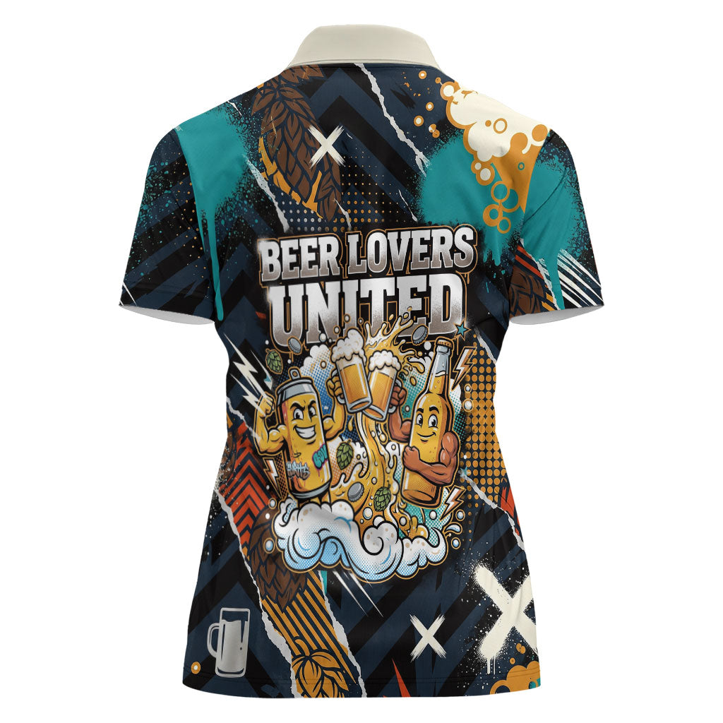 Beer Lovers United Brew Mode On Women Polo Shirt Retro Comic Beer Characters Clinking Glasses