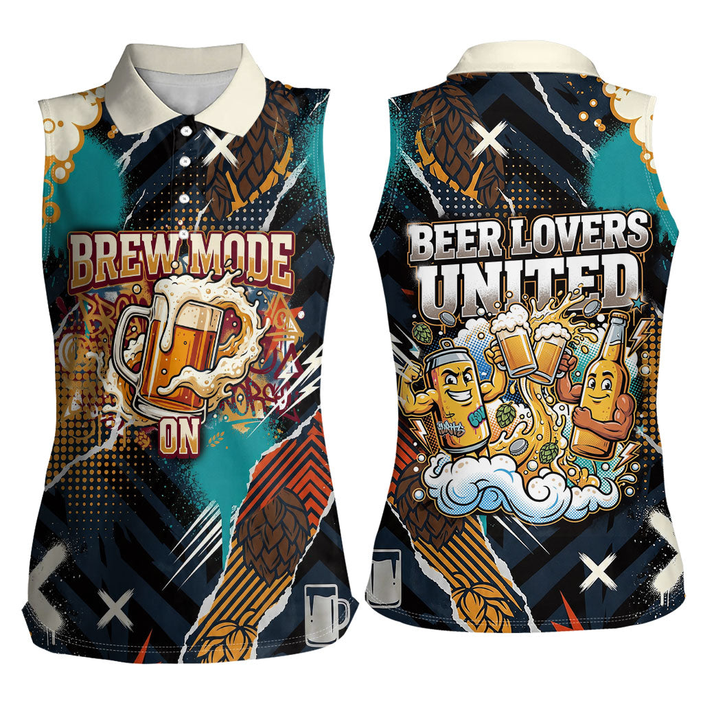 Beer Lovers United Brew Mode On Women Sleeveless Polo Shirt Retro Comic Beer Characters Clinking Glasses