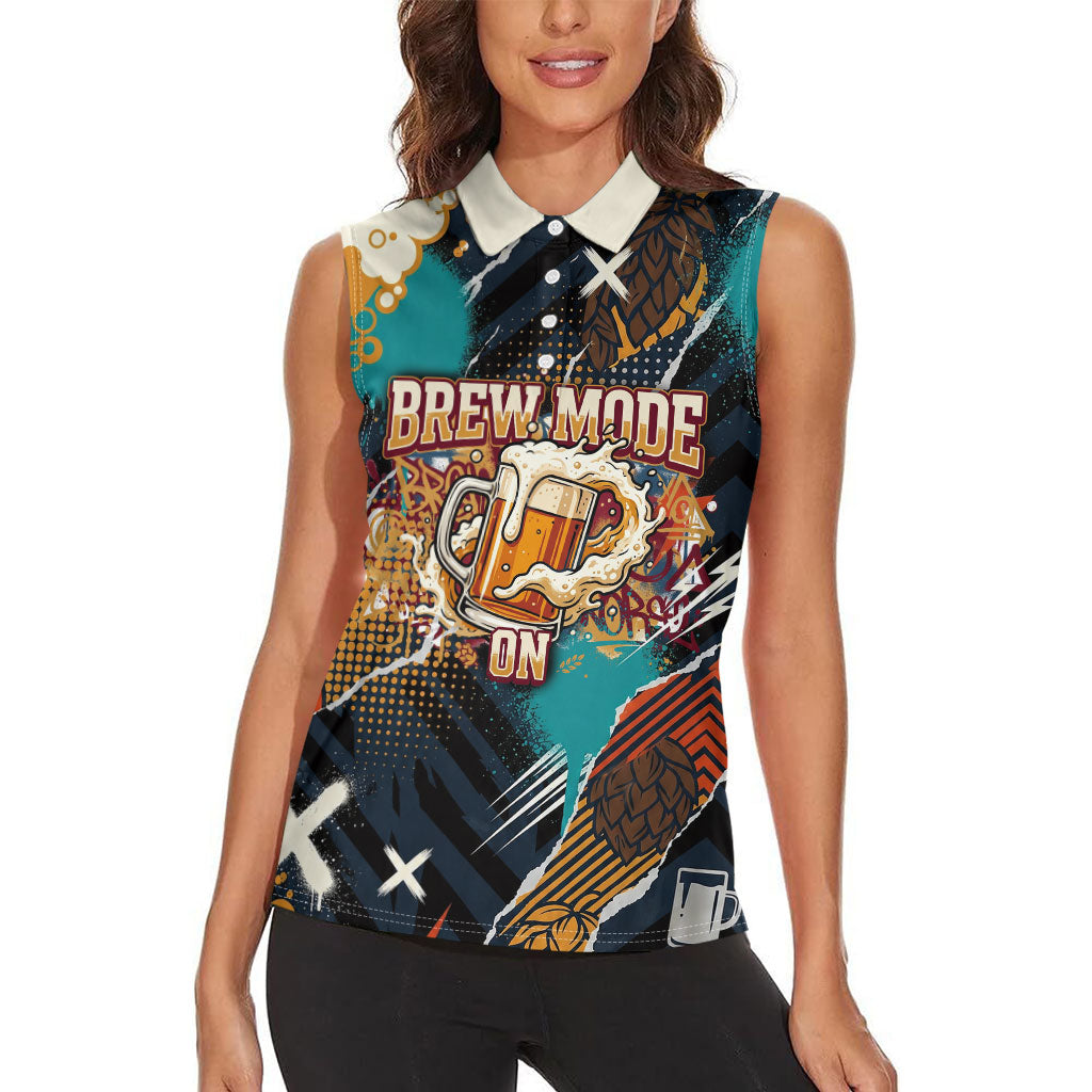 Beer Lovers United Brew Mode On Women Sleeveless Polo Shirt Retro Comic Beer Characters Clinking Glasses
