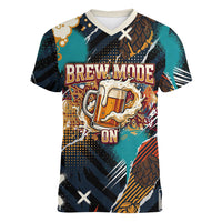 Beer Lovers United Brew Mode On Women V-Neck T-Shirt Retro Comic Beer Characters Clinking Glasses