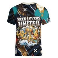 Beer Lovers United Brew Mode On Women V-Neck T-Shirt Retro Comic Beer Characters Clinking Glasses