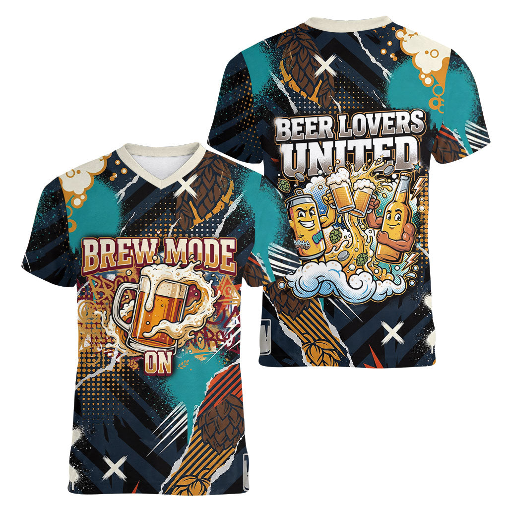 Beer Lovers United Brew Mode On Women V-Neck T-Shirt Retro Comic Beer Characters Clinking Glasses