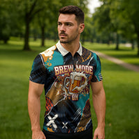 Beer Lovers United Brew Mode On Zipper Polo Shirt Retro Comic Beer Characters Clinking Glasses