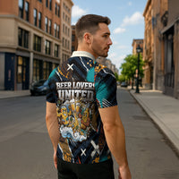 Beer Lovers United Brew Mode On Zipper Polo Shirt Retro Comic Beer Characters Clinking Glasses