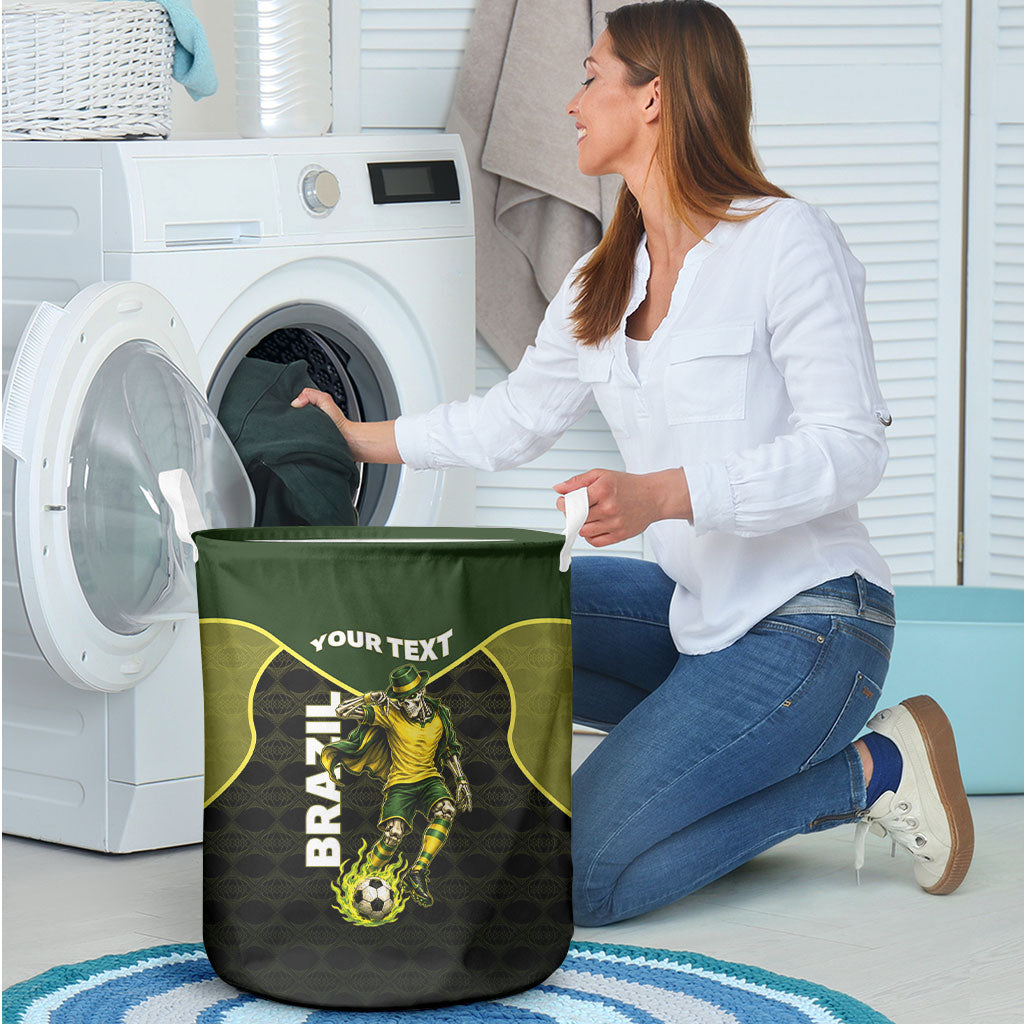 Personalized Brazil Football Laundry Basket Gothic Skull Skeleton Mascot Flaming Soccer Ball