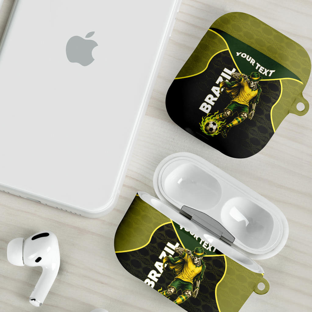 Personalized Brazil Football AirPods Case Gothic Skull Skeleton Mascot Flaming Soccer Ball