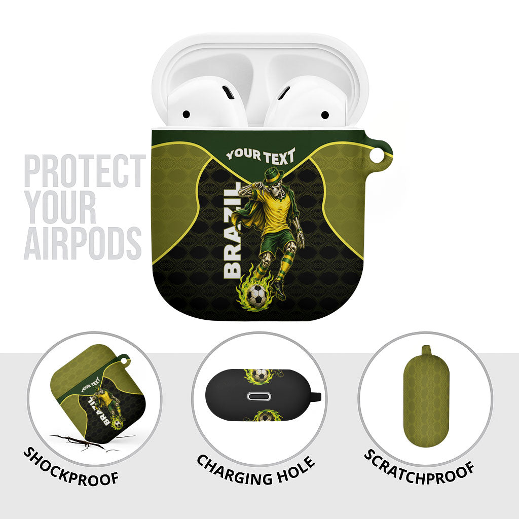 Personalized Brazil Football AirPods Case Gothic Skull Skeleton Mascot Flaming Soccer Ball